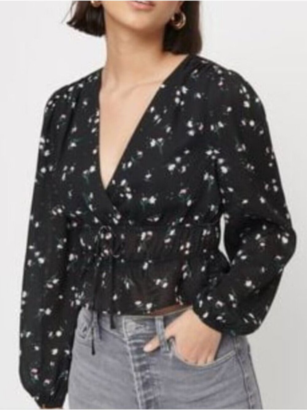 Dynamite Floral Wrap Blouse With Puff Sleeve